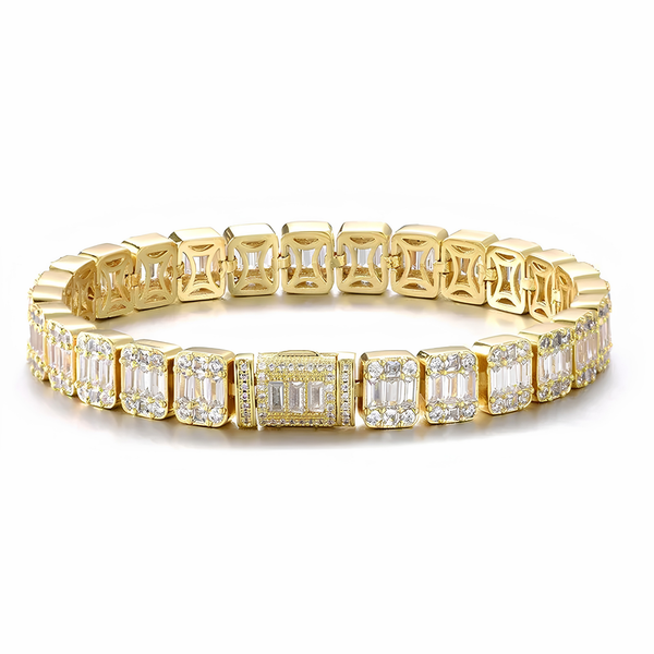 Gold 9mm iced baguette tennis bracelet featuring cubic zirconia stones.