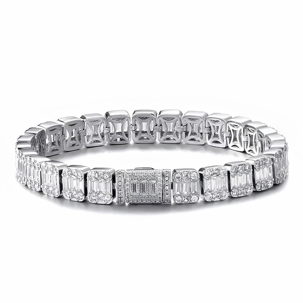 Silver 9mm iced baguette tennis bracelet featuring cubic zirconia stones.