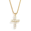 A gold cross pendant necklace adorned with clear cubic zirconia stones, suspended from a gold rope chain against a white background.