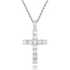 A silver cross pendant necklace paved with clear round-cut stones, hanging from a silver chain against a plain white background.