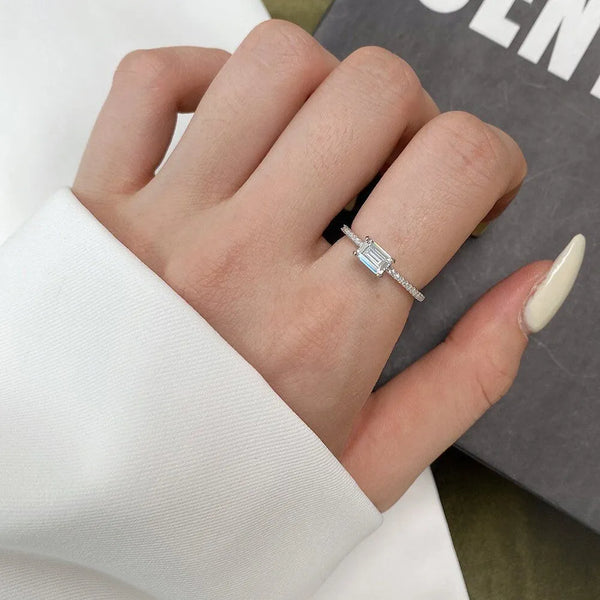 CLEAR EMERALD CUT SOLITAIRE RING - 925 STERLING SILVER