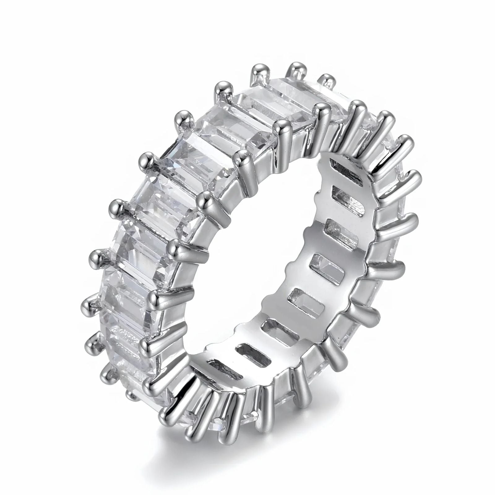 Silver ring with baguette-cut cubic zirconia on a white background