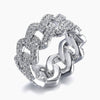 A silver-toned cuban-link ring paved with clear cubic zirconia stones, shown on a light gray background.