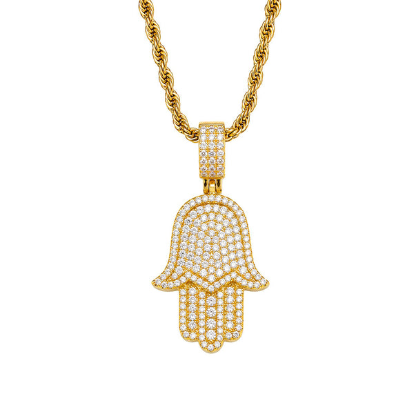 Iced Hamsa Hand Pendant with Cubic Zirconia Stones - Gold