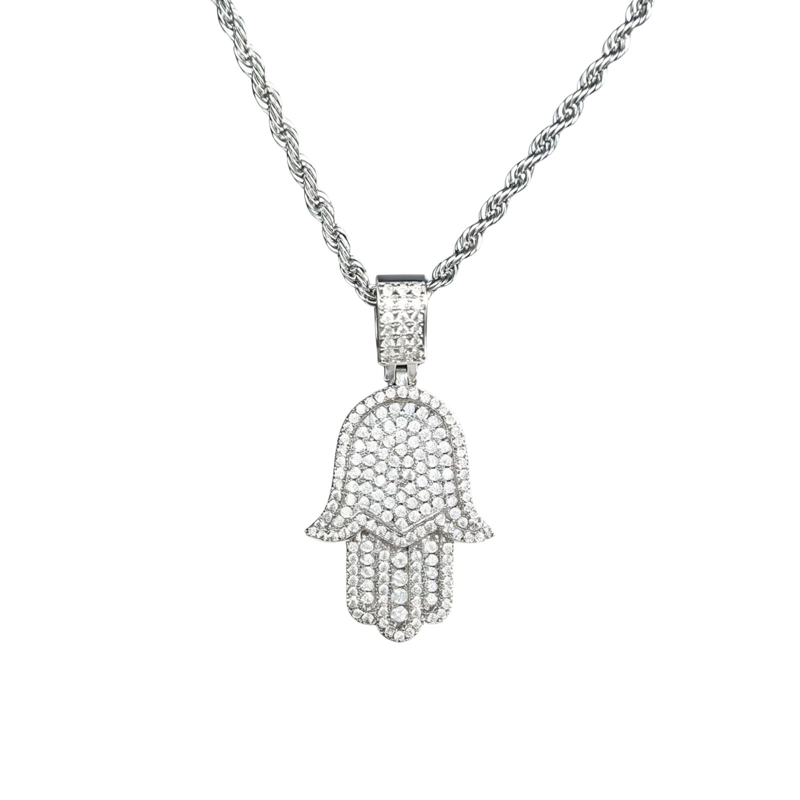 Iced Hamsa Hand Pendant with Cubic Zirconia Stones - Silver