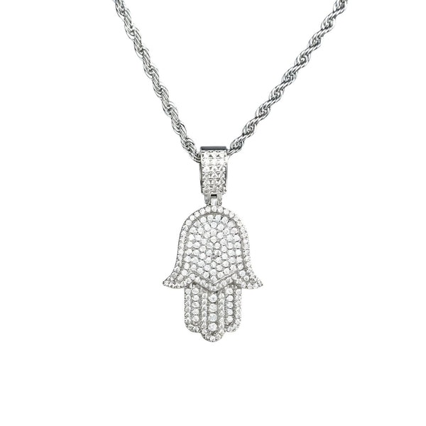 Iced Hamsa Hand Pendant with Cubic Zirconia Stones - Silver