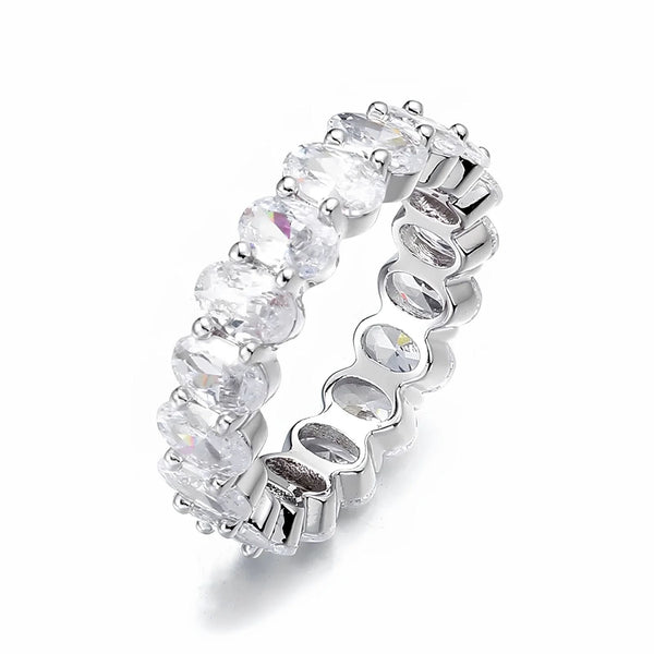 Silver ring with clear cubic zirconia on a white background