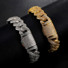 Gold and silver prong bracelets with pavé cubic zirconia stones and box clasps displayed on a black background.