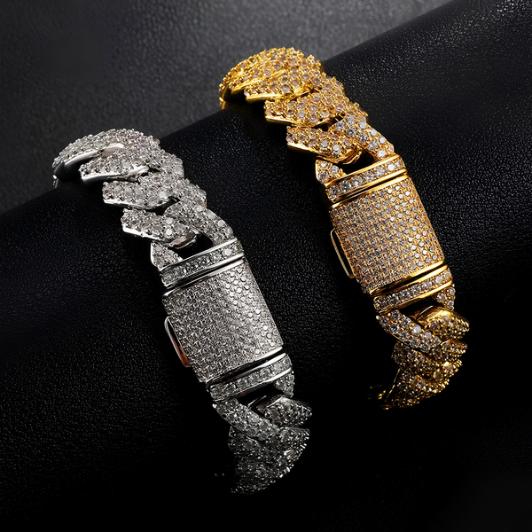 Gold and silver prong bracelets with pavé cubic zirconia stones and box clasps displayed on a black background.