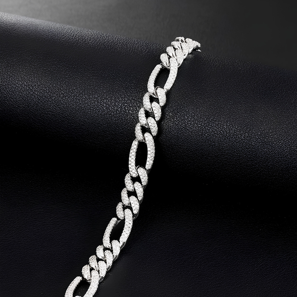 Silver iced Figaro bracelet with cubic zirconia stones displayed on a black background.