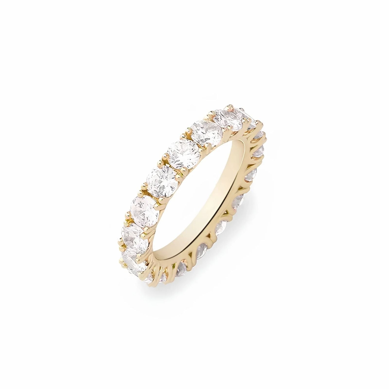 Gold plated tennis ring with cubic zirconia stones on a white background