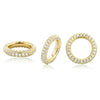 A gold ring shown from three angles on a white background. The ring is paved with small clear cubic zirconia stones.