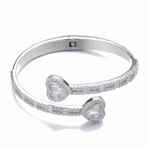 6MM ICED BAGUETTE HEART CUFF BRACELET - SILVER