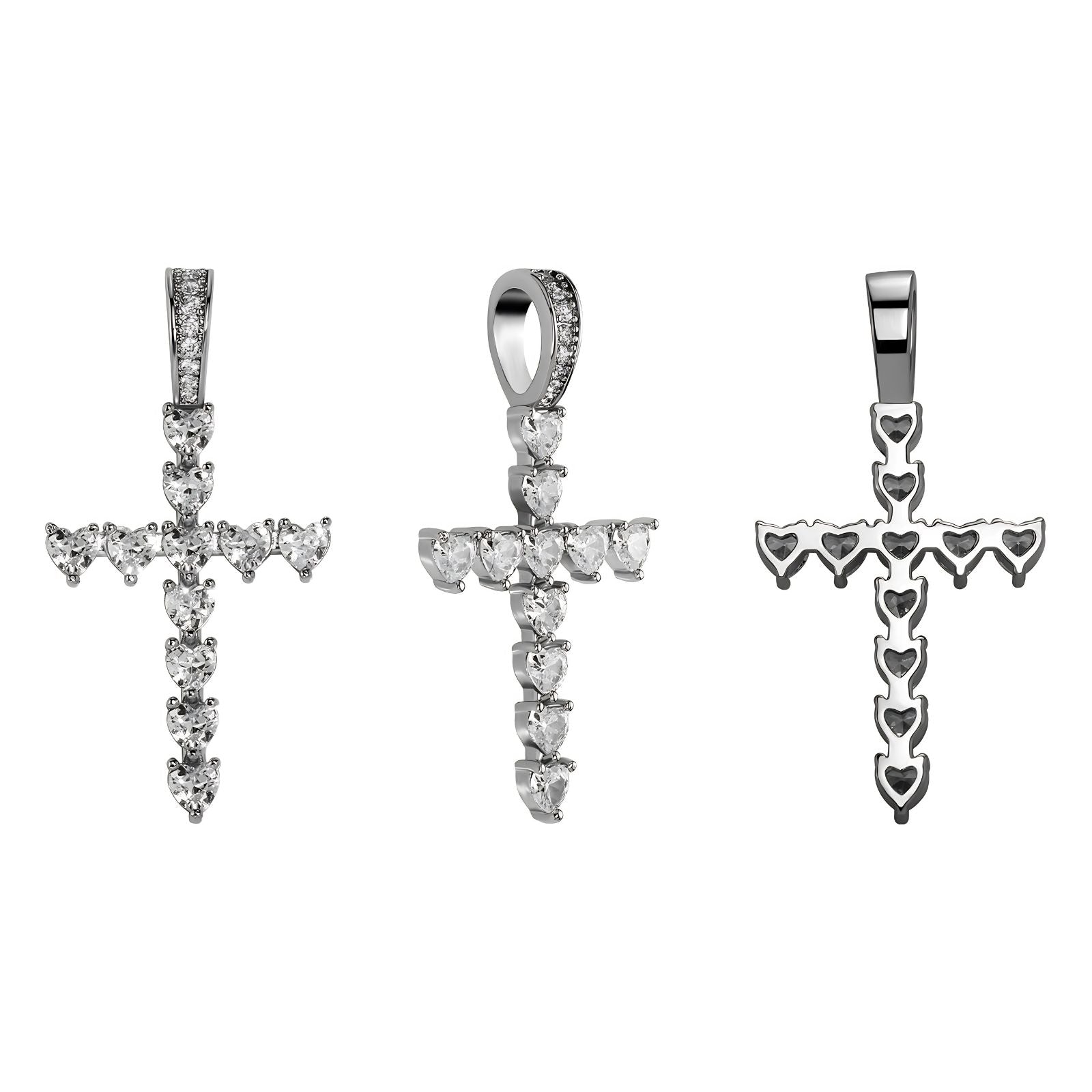 Front and back view comparison of the Classic Heart Cross Pendant in silver showing pendant detailing.