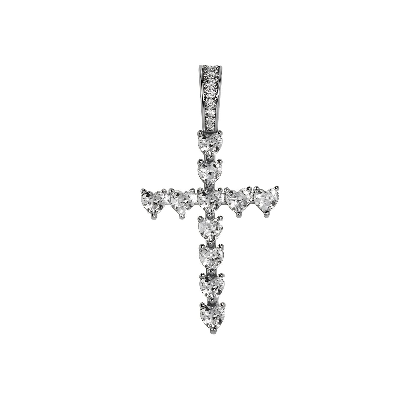 Classic heart cross pendant in silver with clear cubic zirconia stones on a white background.