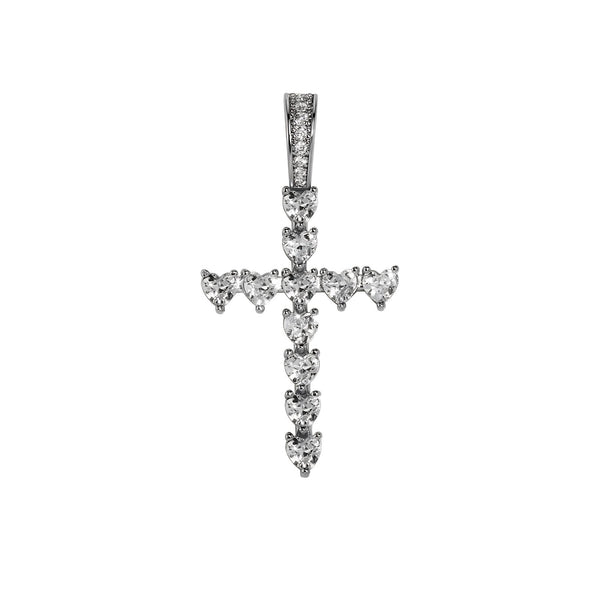 Classic heart cross pendant in silver with clear cubic zirconia stones on a white background.