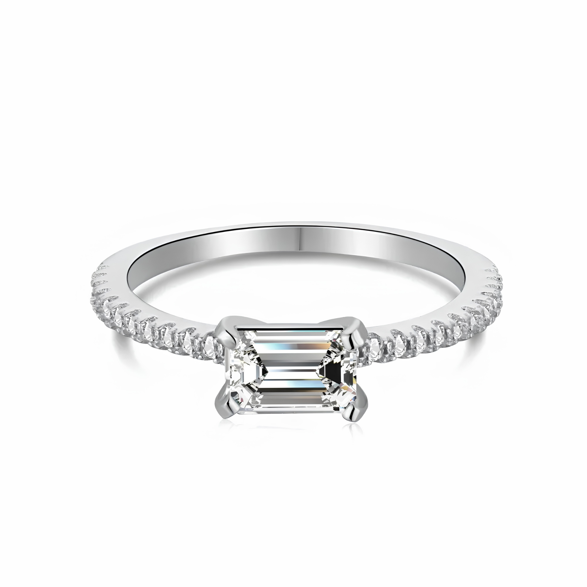 Emerald cut pavé solitaire ring in 925 sterling silver with cubic zirconia stones