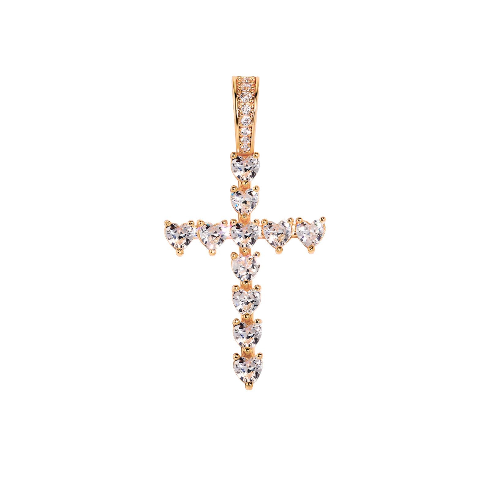 Heart Cross Pendant in gold with heart-cut cubic zirconia stones displayed on a white background.