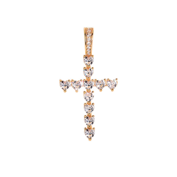 Heart Cross Pendant in gold with heart-cut cubic zirconia stones displayed on a white background.