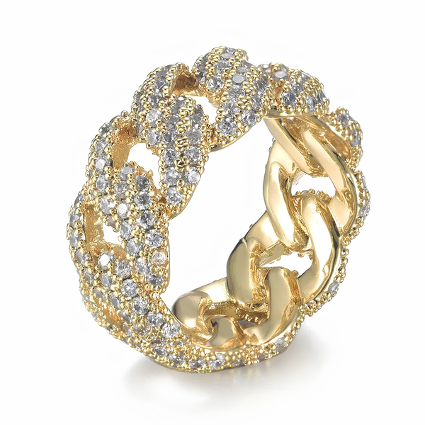 Gold iced Cuban link ring with cubic zirconia stones
