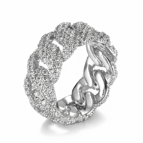 Silver iced Cuban link ring with cubic zirconia stones