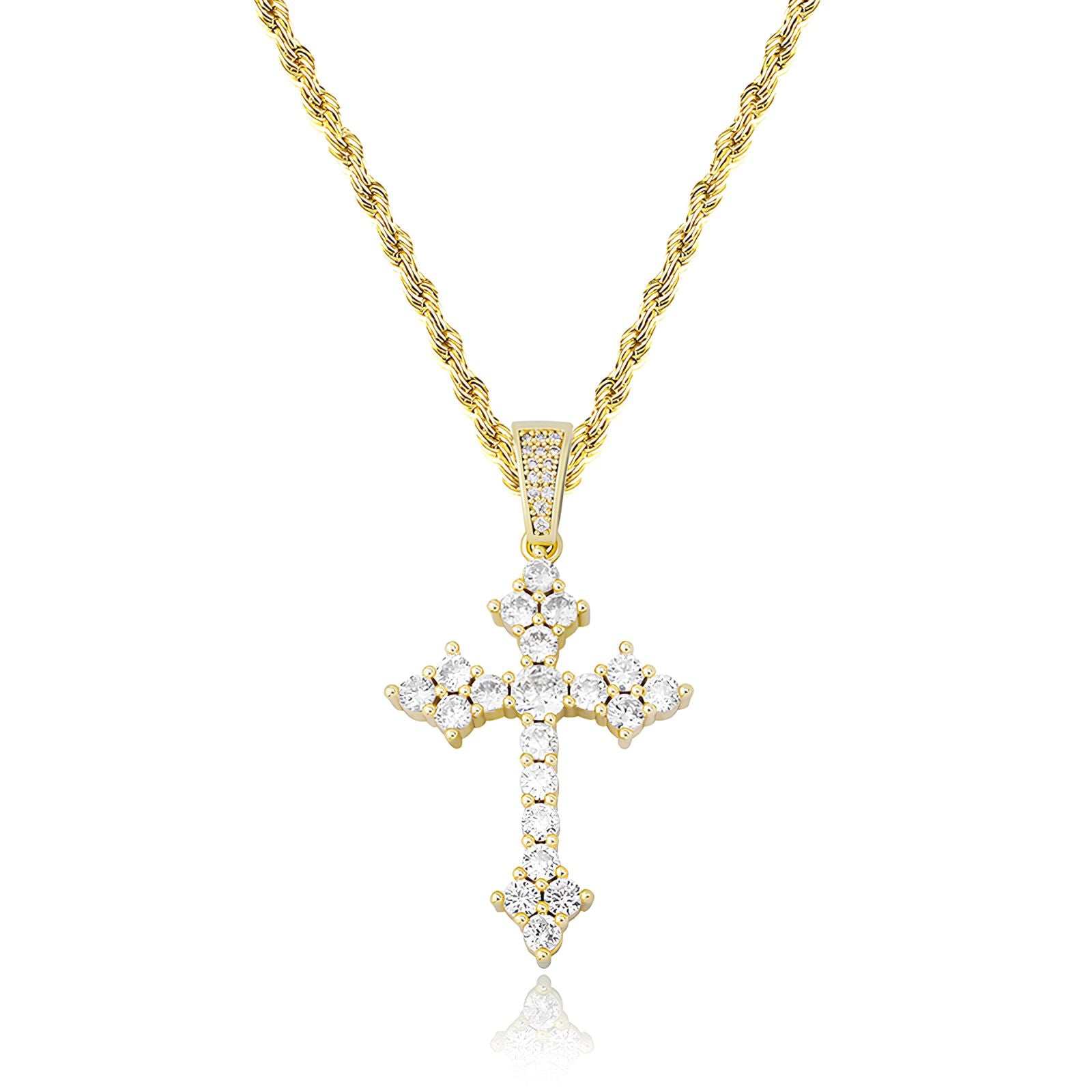 Iced Floral Cross Pendant in Gold featuring clustered Cubic Zirconia stones.