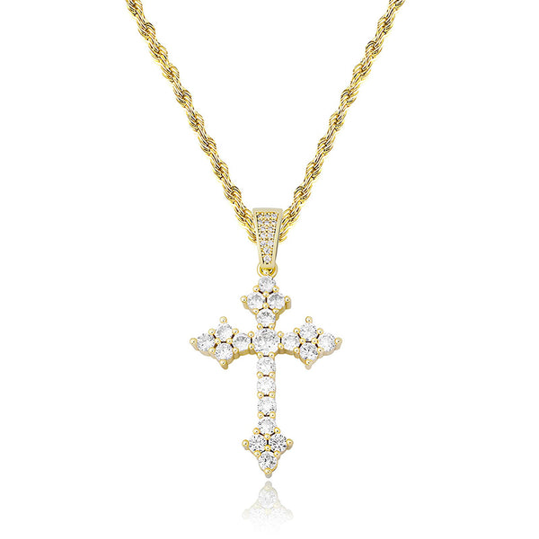 Iced Floral Cross Pendant in Gold featuring clustered Cubic Zirconia stones.