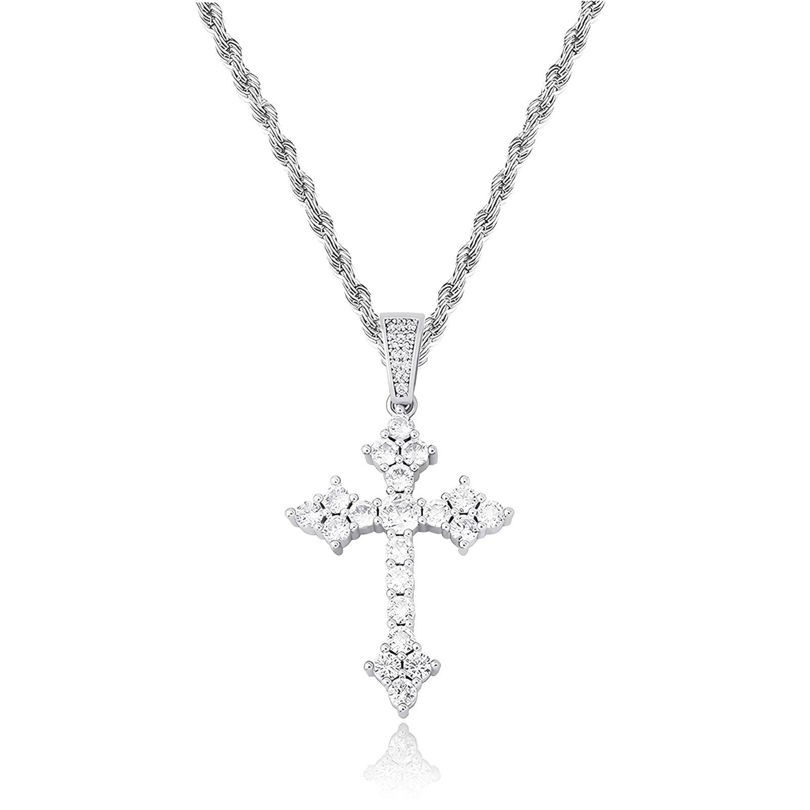 Iced Floral Cross Pendant in Silver featuring clustered Cubic Zirconia stones.