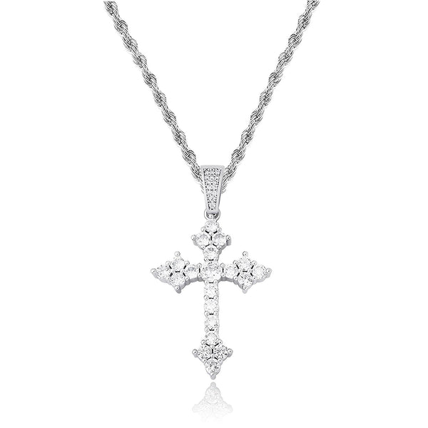 Iced Floral Cross Pendant in Silver featuring clustered Cubic Zirconia stones.