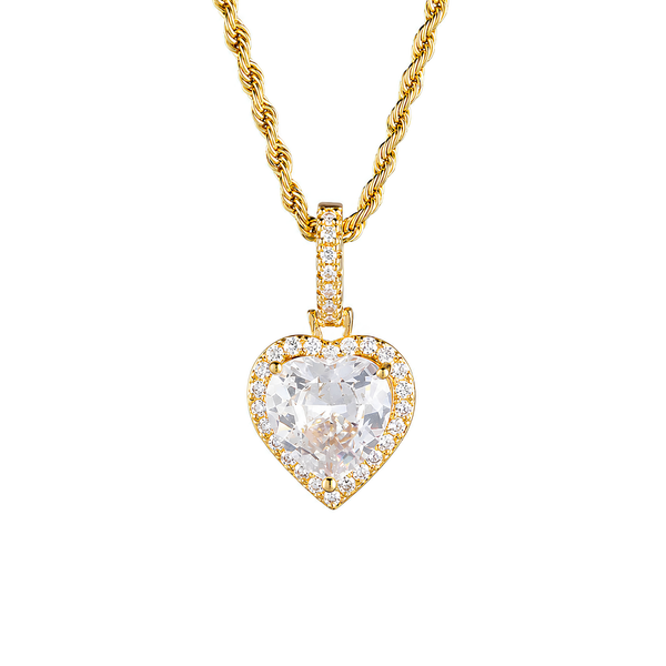 Gold iced heart halo pendant with cubic zirconia stones on chain