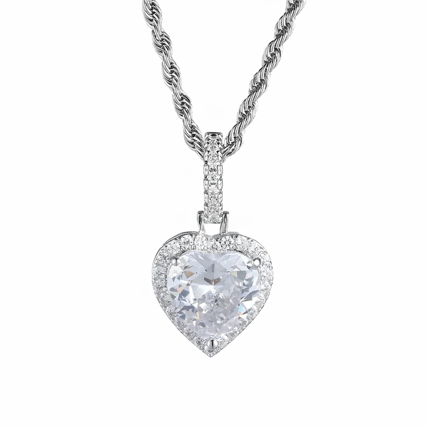 Silver iced heart halo pendant necklace with pavé cubic zirconia stones
