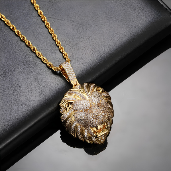 Gold iced lion head pendant necklace with pavé cubic zirconia stones