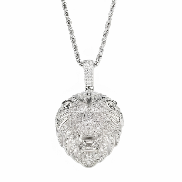 Silver iced lion head pendant necklace with pavé cubic zirconia stones