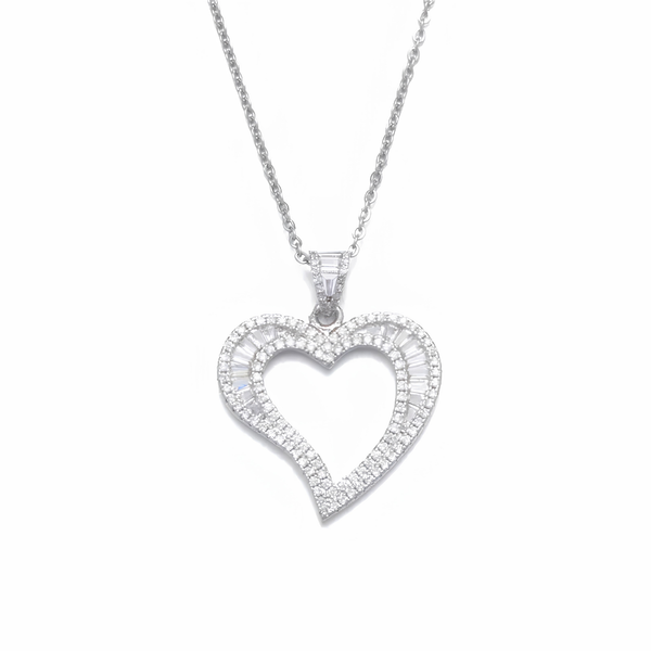 Silver iced open heart pendant necklace on white background