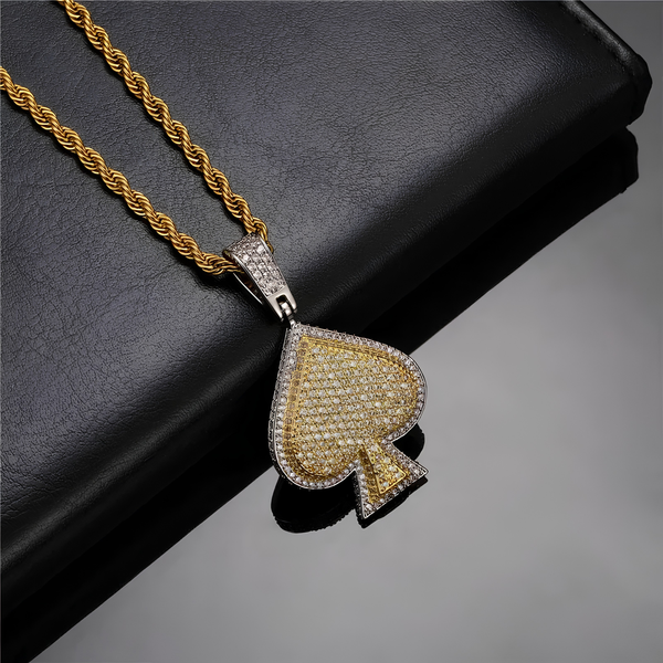 Gold iced spade pendant necklace with pavé cubic zirconia stones