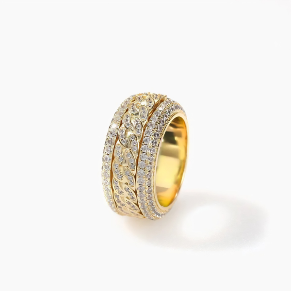 Gold iced spinning Cuban ring with pavé cubic zirconia stones