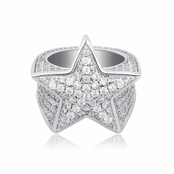 Silver iced star ring featuring pavé cubic zirconia stones
