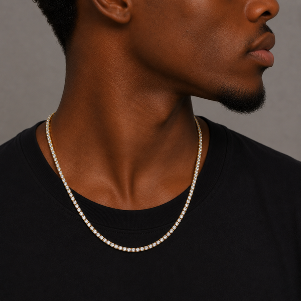 Man wearing a 3mm gold tennis chain necklace