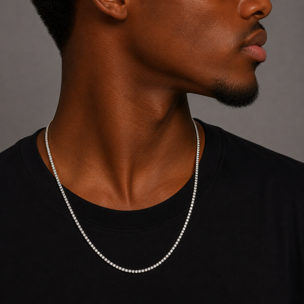 Man wearing a 3mm silver tennis chain necklace