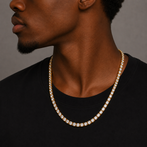 Men's 5mm gold tennis chain worn by model