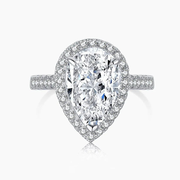 Pear cut halo ring in 925 sterling silver with cubic zirconia stones