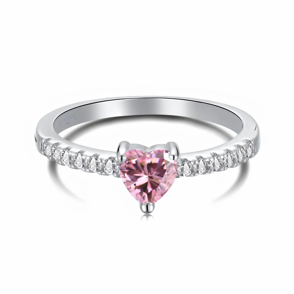 Pink heart cut solitaire ring in 925 sterling silver with cubic zirconia stones