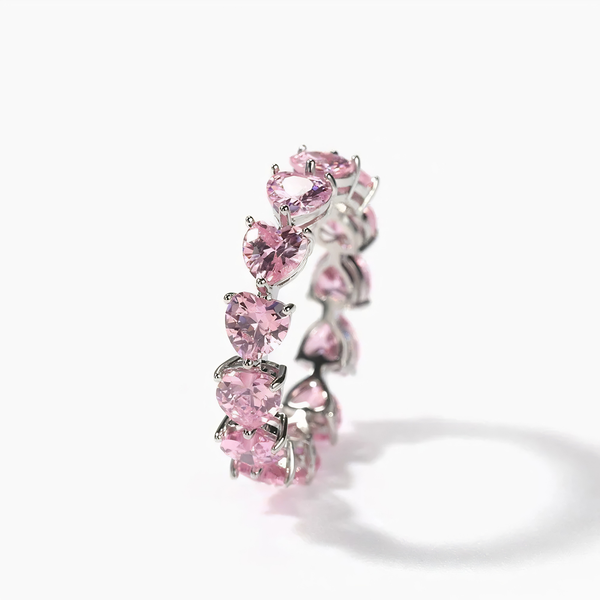 Pink heart eternity ring in 925 sterling silver with cubic zirconia stones