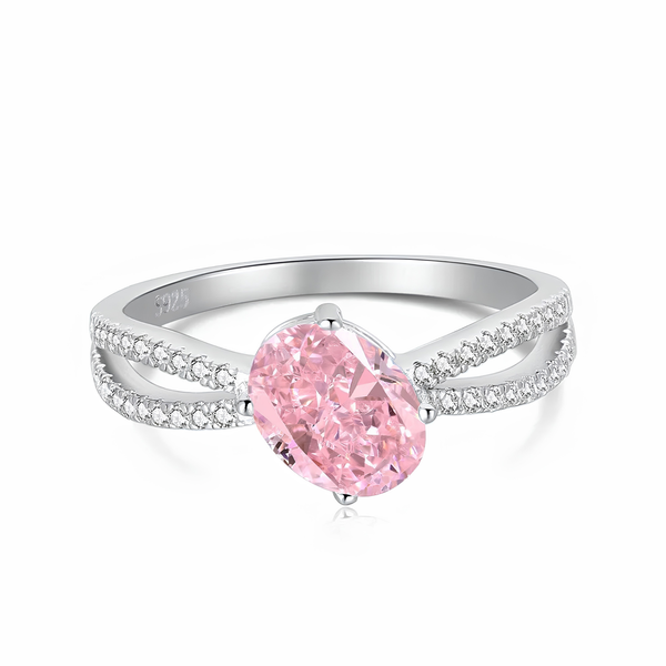 Pink oval split shank ring in 925 sterling silver with cubic zirconia stones