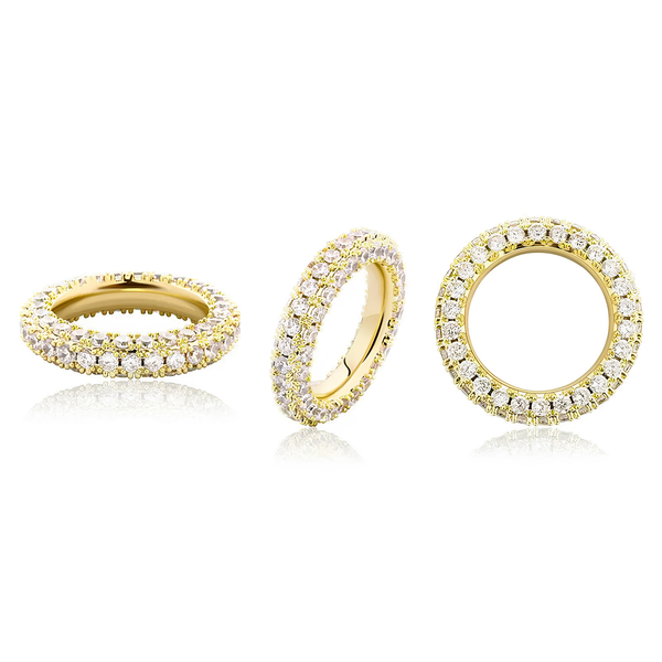 Triple row gold tennis ring shown from multiple angles highlighting the layered stone setting.